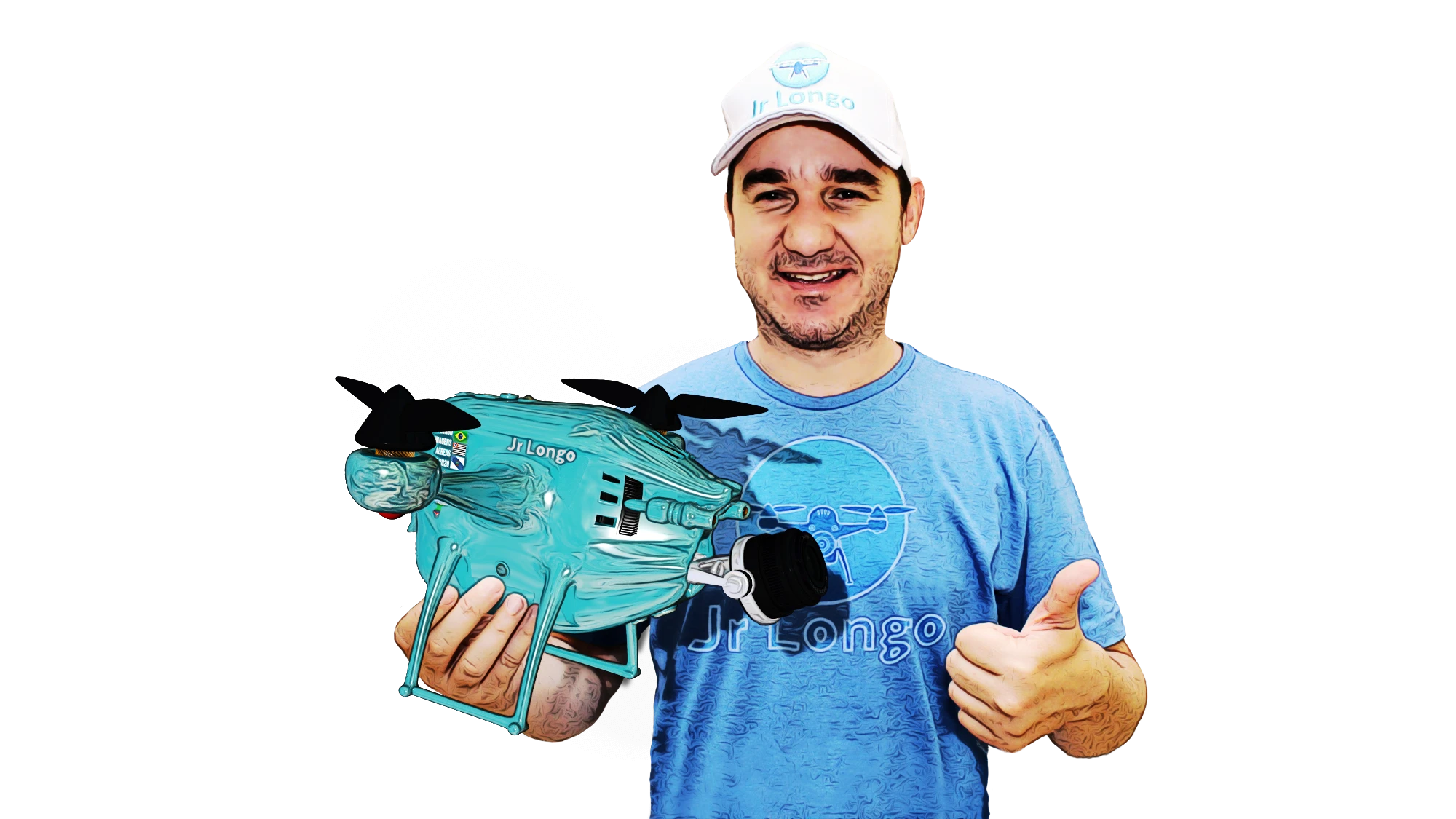 Jr Longo segurando o drone da marca e fazendo sinal de positivo